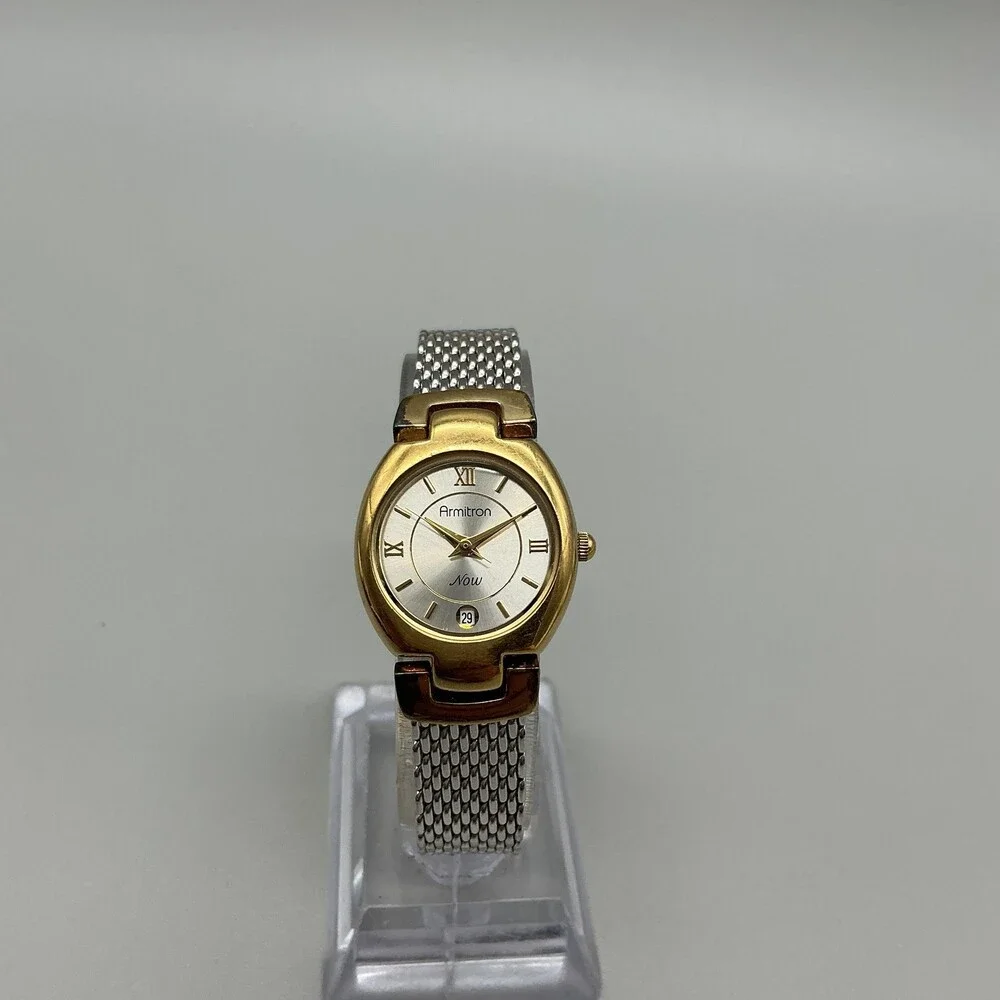 Armitron Now Womens Watch 22mm Silver Two Tone Mesh Date Box New Battery 6.75